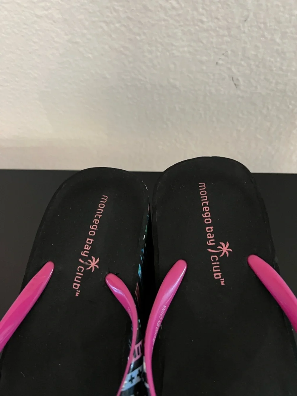 Black Platform Flip Flops with Pink Straps and print